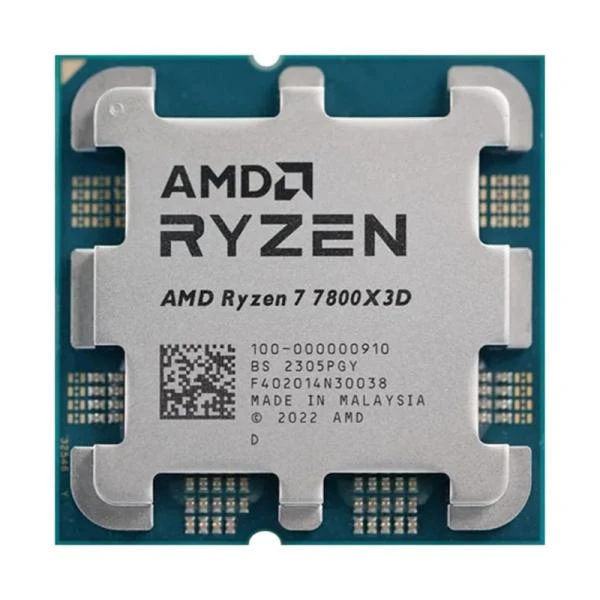 Nahaufnahme des Ryzen 7 7800X3D-Prozessors auf weißem Hintergrund