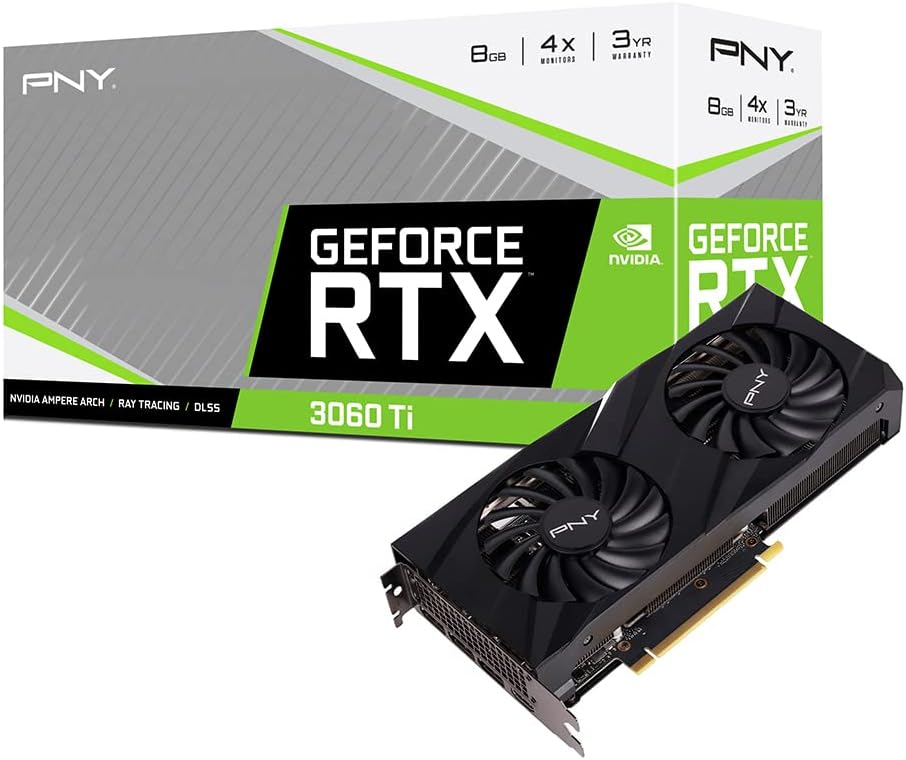 Bild einer RTX 3060 Ti-Karte neben ihrer Verpackung auf weißem Hintergrund