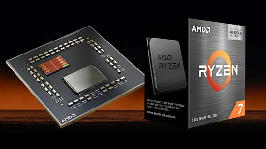 Bild des Ryzen 7 5700x3d-Prozessors auf schwarzem Hintergrund neben seiner Verpackung.