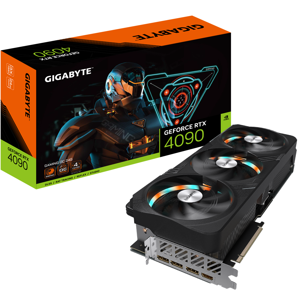 Bild der RTX 4090-Grafikkarte neben ihrer Verpackung auf weißem Hintergrund