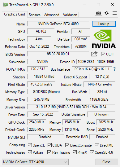 Grafikkartenspezifikationen angegeben durch das Programm CPU-Z