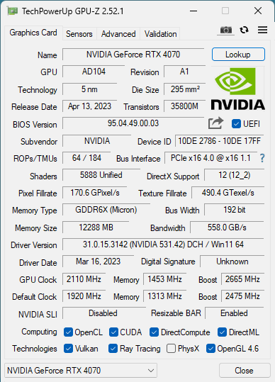 RTX 4070-Spezifikationen durch die CPU-Z-Software