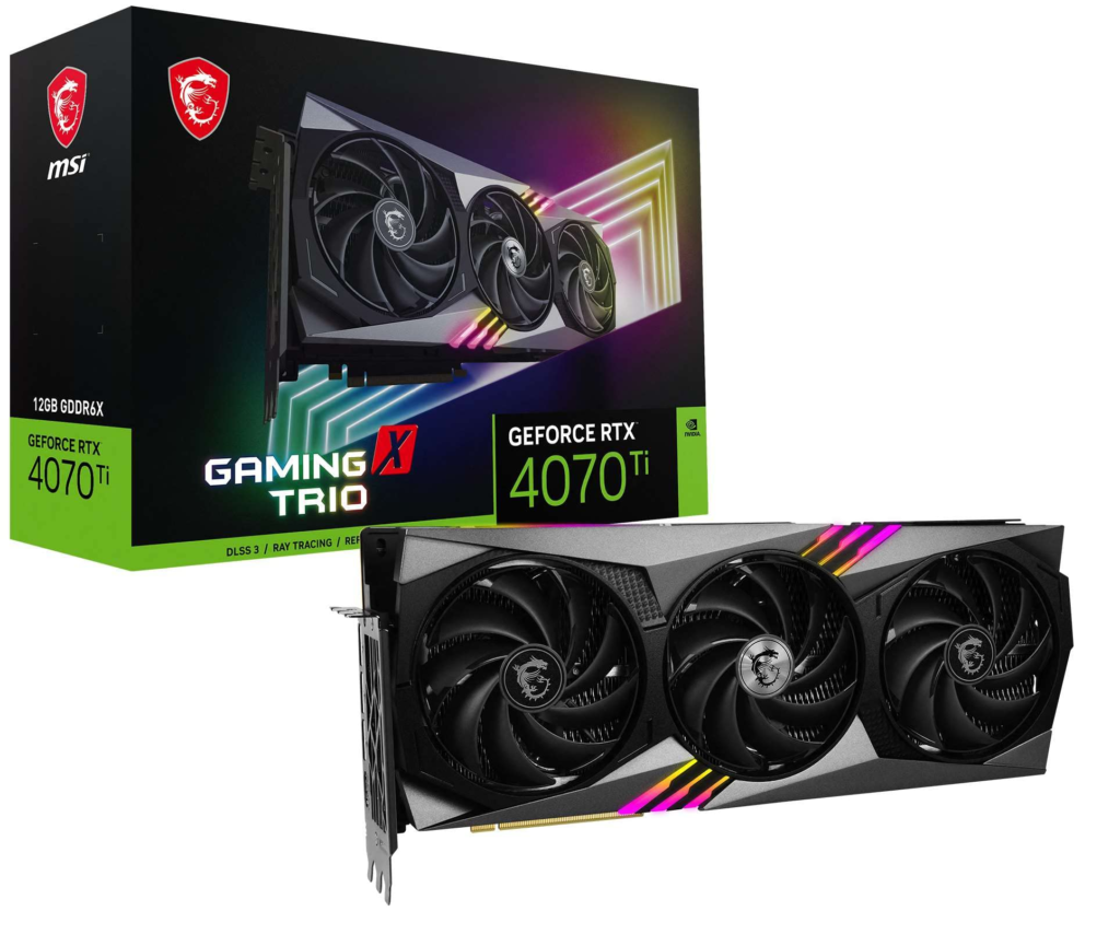 Bild der RTX 4070 Ti-Grafikkarte neben ihrer Verpackung auf weißem Hintergrund