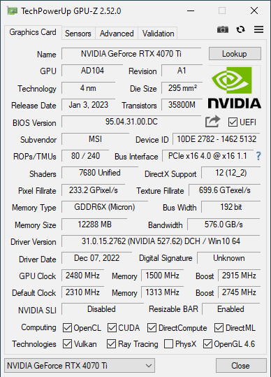 RTX 4070 Ti-Grafikkartenspezifikationen gemäß CPU-Z-Software