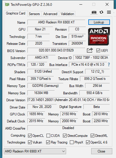 Grafikeigenschaften der CPU-Z-Software
