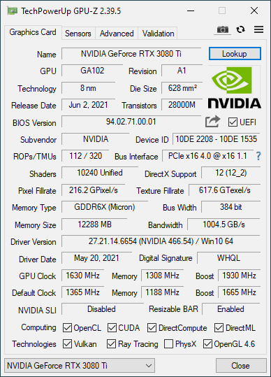 Funktionen der RTX 3080 Ti durch die CPU-Z-Software