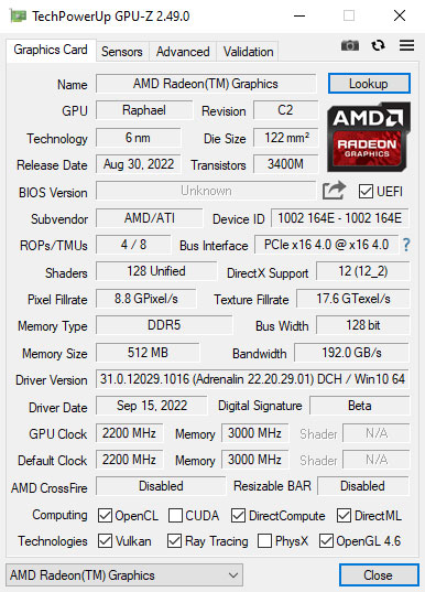 Ryzen 7 7700X, Informationen der CPU-Z-Software