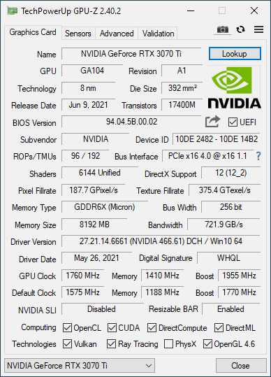 RTX 3070 Ti-Spezifikationen gemäß der CPU-Z-Software
