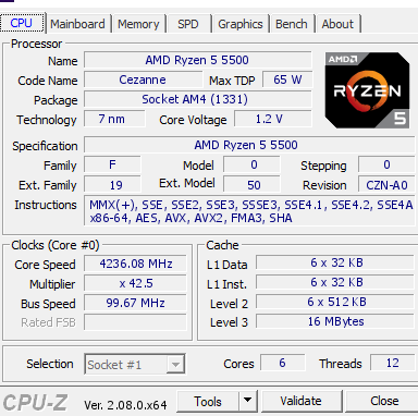 Ryzen 5 5500-Spezifikationen bereitgestellt von der CPU-Z-Software