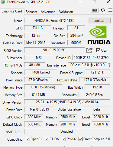 Funktionen der GTX 1660, bereitgestellt durch die CPU-Z-Software