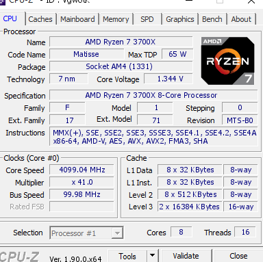 Ryzen 7 3700x-Spezifikationen bereitgestellt von der CPU-Z-Software