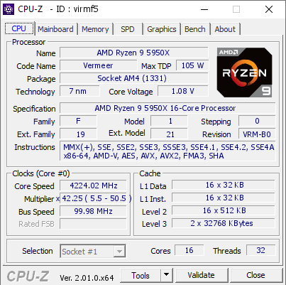 Ryzen 9 5950X, Funktionen der CPU-Z-Software