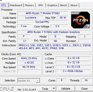 Ryzen 7 5700u-Spezifikationen bereitgestellt von der CPU-Z-Software