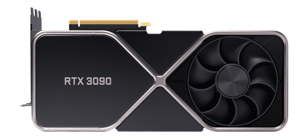 Bild der RTX 3090-Grafikkarte von vorne, aus der Verpackung und auf weißem Hintergrund