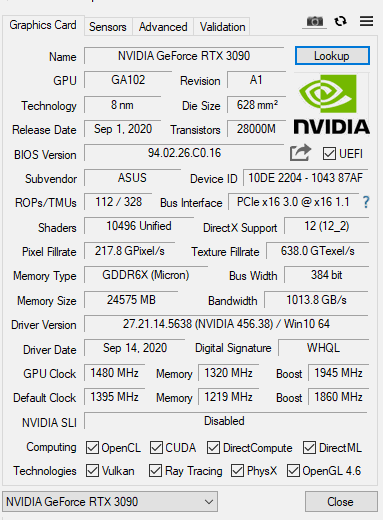 Funktionen der RTX 3090 gemäß der CPU-Z-Software