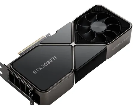 Bild der RTX 3090 Ti aus der Verpackung, Nahaufnahme und auf weißem Hintergrund.