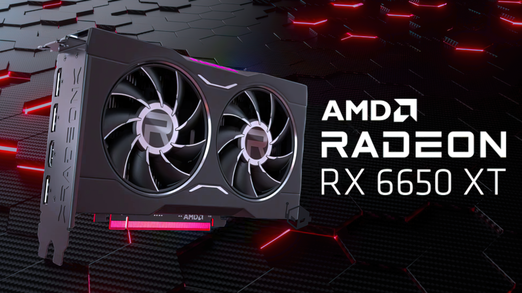 AMD-Präsentationsbild mit der RX 6650 XT auf violettem Hintergrund