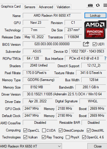 RX 6650 XT-Spezifikationen gemäß CPU-Z-Software
