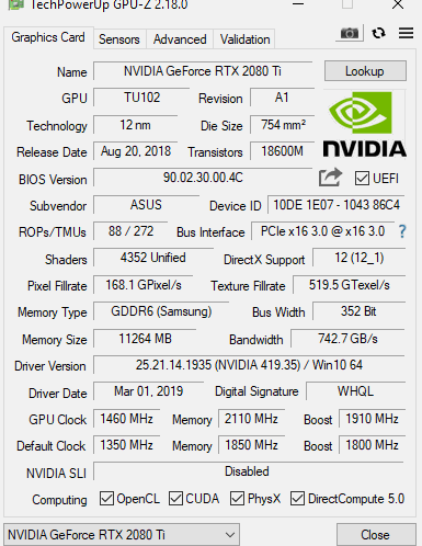 Funktionen der RTX 2080 Ti laut CPU-Z-Software