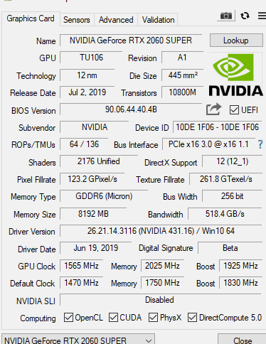 Tabelle mit den Eigenschaften des RTX 2060 durch die CPU-Z-Software