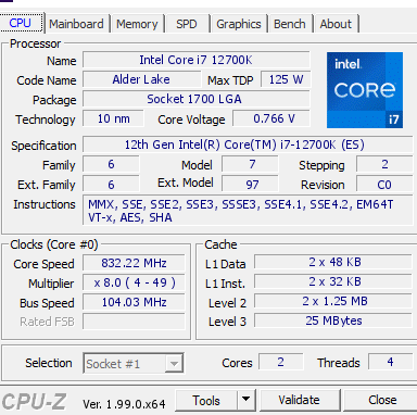 Tabelle mit den Spezifikationen des i7 12700k, angegeben durch die CPU-Z-Software