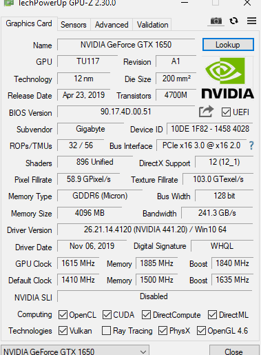 Funktionen der GTX 1650, bereitgestellt durch die CPU-Z-Software