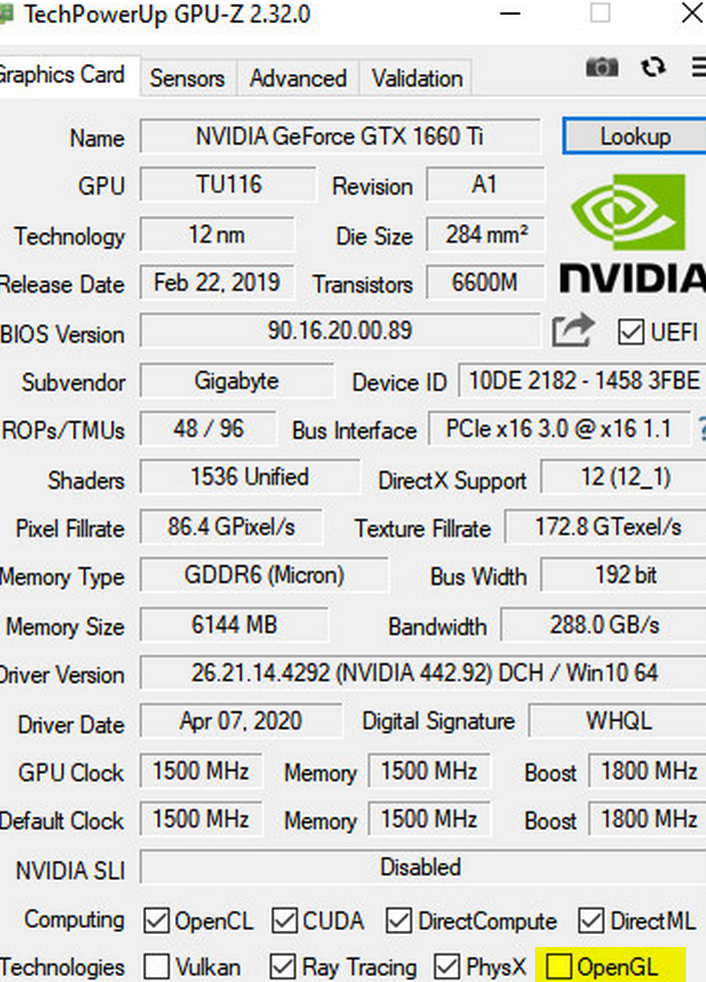 Tabelle mit Spezifikationen der GTX 1660 Ti, bereitgestellt von der CPU-Z-Software