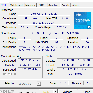 Funktionen des i5 12600K-Prozessors durch die CPU-Z-Software