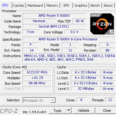 Funktionen in einer Tabelle des Ryzen 5 5600x-Prozessors, angegeben durch die CPU-Z-Software